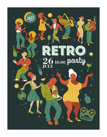 Poster music festival, retro party in the style of the 70's, 80's. A large set of characters, musicians, dancers and singers. Vector illustration.のイラスト素材