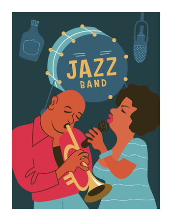 Poster music festival, retro party in the style of the 70's, 80's. Jazz party. Afro musician plays the trumpet. Afro woman singing. Vector illustration.のイラスト素材