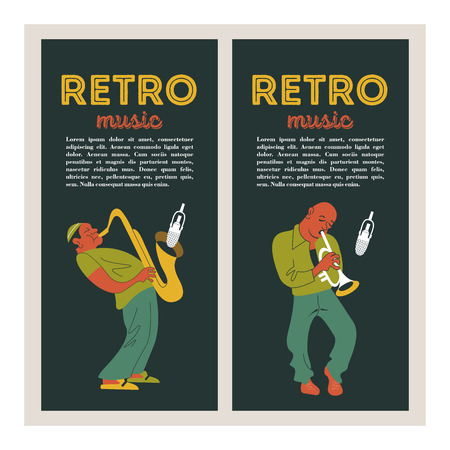 Retro party. Jazz musicians playing the trumpet and saxophone. Set of characters in the style of 70-80 years. Vector illustration.のイラスト素材