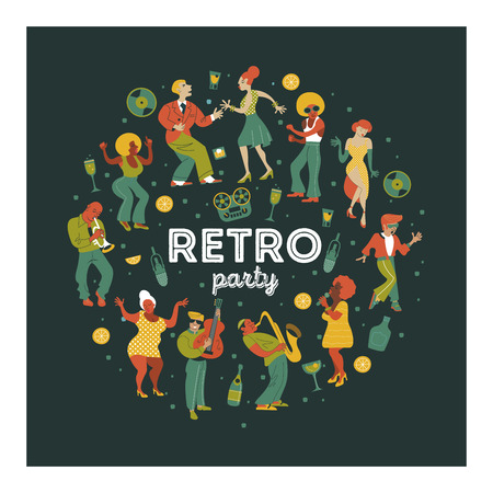 Retro party. People dance rock and roll. Musicians play saxophone and trumpet. Jazz singer. A large set of characters in the style of 70-80 years. Vector illustration, poster.のイラスト素材