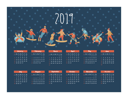 Calendar 2019. Vector illustration. A set of characters engaged in winter sports and recreation. People skate, snowboard, ski. Play ice hockey. Children sledding and snow tubing.のイラスト素材