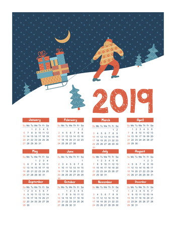 Calendar 2019. Vector illustration. A man carries on a sled a lot of Christmas gifts.のイラスト素材