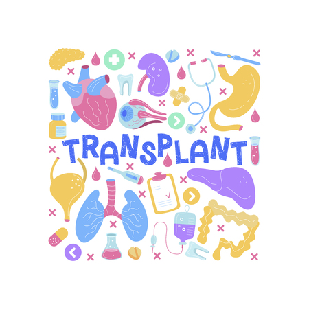 Human organs for surgeries and transplantation. Medicine hand drawn icons. Vector illustration made in cartoon style, colourful design.のイラスト素材