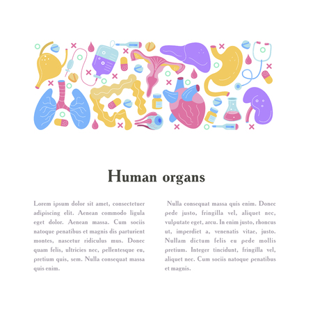 Human organs for surgeries and transplantation. Medicine hand drawn icons. Vector illustration made in cartoon style, colourful design.のイラスト素材
