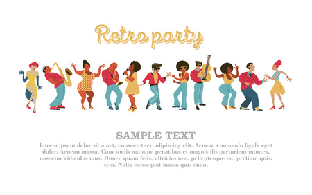 Retro party. Vector poster. Retro style illustration. Music and dance in retro style. Jazz musicians, singers and dancers. Poster for retro party, retro festival.のイラスト素材
