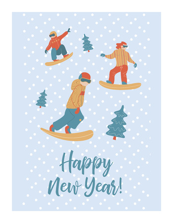Cute winter New year postcard, vector illustration. Guys ride from a snowy mountain on a snowboard.のイラスト素材