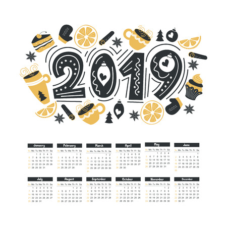 Calendar 2019. Vector typography. Holiday greeting card designer. Hand drawn lettering. Set of cute sweets. Cakes, donuts, mugs with a hot drink. Cinnamon, star anise, Christmas decorations and lemons.のイラスト素材