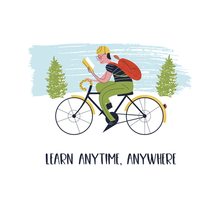 Learn anytime anywhere. Vector illustration. People read books. Always and everywhere. Guy rides a bike and reads a book.のイラスト素材