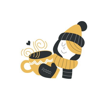Cute girl in a winter hat and scarf with a large mug of hot drink. Hot tea on a cold winter day. Vector illustration.のイラスト素材