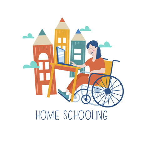 Home schooling. The girl is a disabled person in a wheelchair gets his education at home. Learning online. Vector illustration. The concept of homeschoolinのイラスト素材