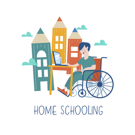Home schooling. The boy is a disabled person in a wheelchair gets his education at home. Learning online. Vector illustration. The concept of homeschoolinn.のイラスト素材