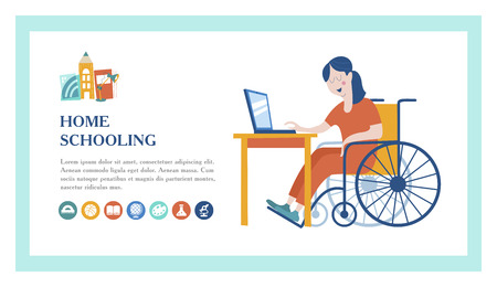 Home schooling. The girl is a disabled person in a wheelchair gets his education at home. The template of the landing page. Learning online. Vector illustration. The concept of homeschoolinのイラスト素材