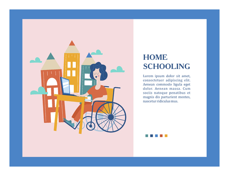 Home schooling. The girl is a disabled person in a wheelchair gets his education at home. Learning online. Vector illustration. The concept of homeschoolinのイラスト素材
