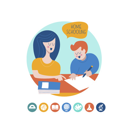Home schooling. Mom helps the child learn. Education in comfortable conditions. Set of vector icons. Vector illustration in flat style.のイラスト素材