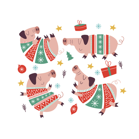 A set of funny Christmas pigs dressed in colorful knitted sweaters. The pig is the symbol of 2019. Vector illustration.のイラスト素材