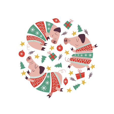 Cute pigs in warm knitted sweaters. Symbol of 2019. Original composition in the form of a circle. Pigs and Christmas decorations, Christmas gifts. The illustration will look good on postcards and mugs.のイラスト素材