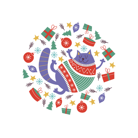 Cute fat cat in a colorful knitted sweater. Christmas composition in the form of a circle. Cat and Christmas decorations, gifts. The illustration will look good on postcards and mugs.のイラスト素材