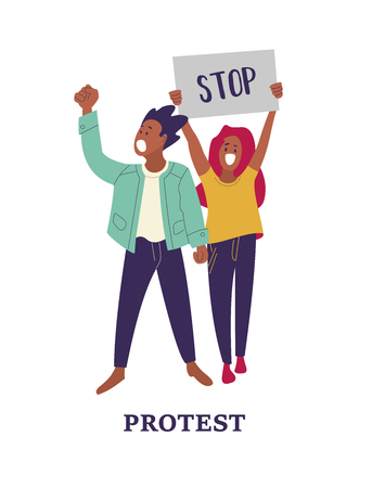 A group of men and women take part in the protest. People holding posters. Colorful vector illustrationのイラスト素材