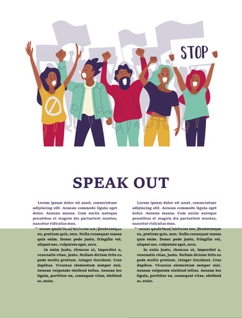 A group of men and women take part in the protest. People holding posters. Colorful vector illustrationのイラスト素材