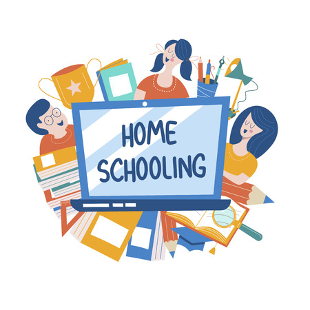 The concept of home schooling. The emblem of home education for large families and families with children with disabilities. Vector illustration.のイラスト素材