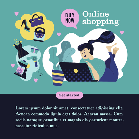Modern design concept of flat web pages to a web site and mobile web site. Girl with a computer shopping in the online store. Vector illustration.のイラスト素材