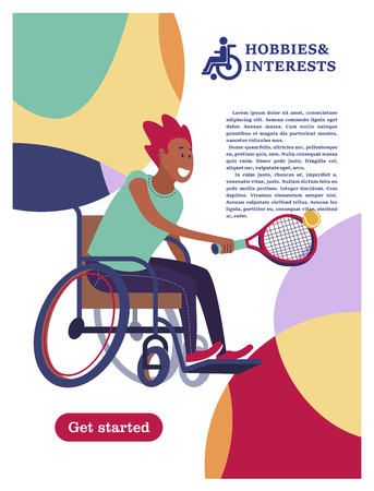 A man with a wheelchair playing tennis. The concept of a society and a community of persons with disabilities. Hobbies, interests, lifestyle of people with disabilities. Vector illustration of flat cartoon style, isolated, white background.のイラスト素材