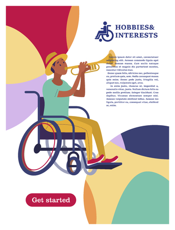 A man with a wheelchair playing the trumpet. The concept of a society and a community of persons with disabilities. Hobbies, interests, lifestyle of people with disabilities. Vector illustration of flat cartoon style, isolated, white background.のイラスト素材