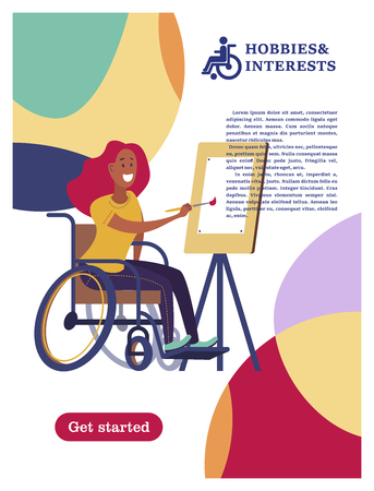 A woman with a wheelchair draws. The concept of a society and a community of persons with disabilities. Hobbies, interests, lifestyle of people with disabilities. Vector illustration of flat cartoon style, isolated, white background.のイラスト素材