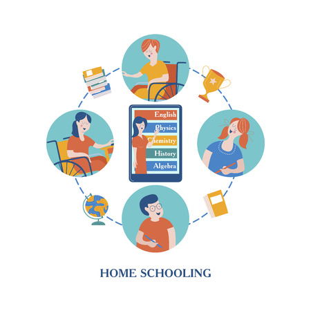 The concept of homeschooling. The emblem of home education for large families and families with children with disabilities. Vector illustration.のイラスト素材