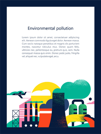 Pollution of the environment by harmful emissions into the atmosphere and water. Factories, Smoking chimneys, the discharge of harmful wastes into the river could. Vector colorful illustration with textures with space for text.のイラスト素材