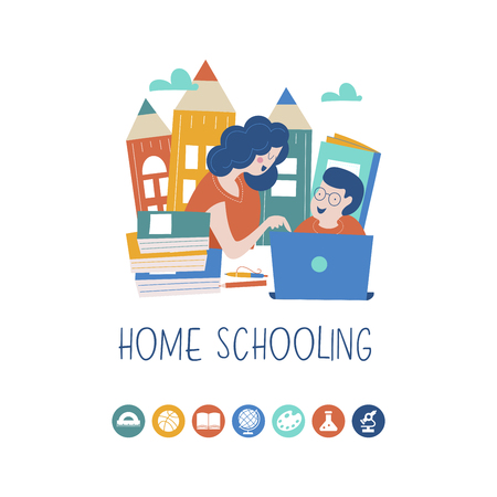 The concept of homeschooling. The emblem of home education for large families and families with children with disabilities. Vector illustration.のイラスト素材