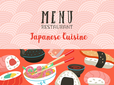Japanese cuisine. A set of traditional Japanese dishes. Vector illustration in cartoon style. Colorful menu template of Japanese cuisine cafe.のイラスト素材