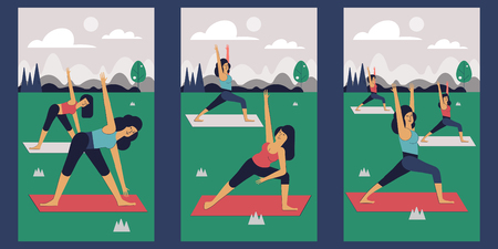Girls perform sports outdoor exercises. Vector illustration.のイラスト素材
