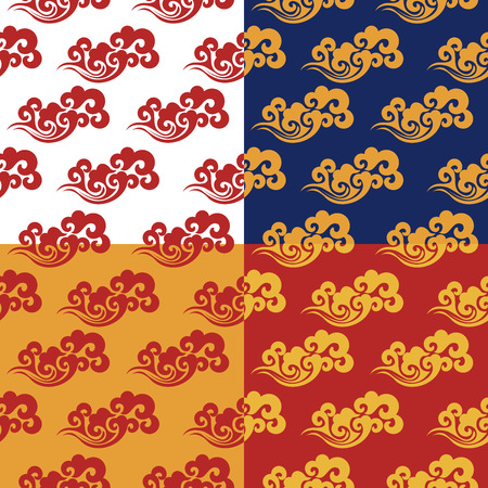 Set of 4 seamless patterns. Traditional Chinese gold pattern on red, white, yellow and blue background. Vintage abstract seamless pattern with China. Textile design. Textile ornament. Richly decorated with beautiful texture. Colorful Wallpaper.のイラスト素材