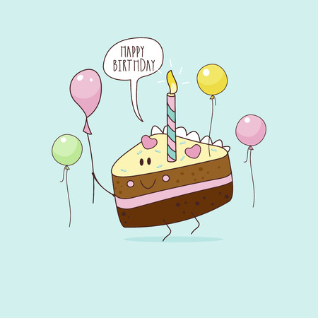 Happy birthday. Nice funny greeting card. Nice piece of cake with a candle. Vector illustration.