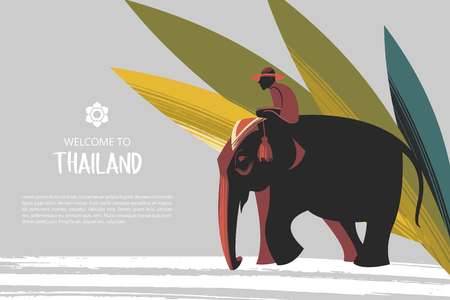 Welcome to Thailand. Travel Agency advertising flyer template. Elephant with rider on the background of exotic palm leaves.のイラスト素材
