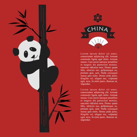 Cute Chinese Panda bear. Panda is sitting on a bamboo tree. Vector illustration with space for text on a red background.のイラスト素材
