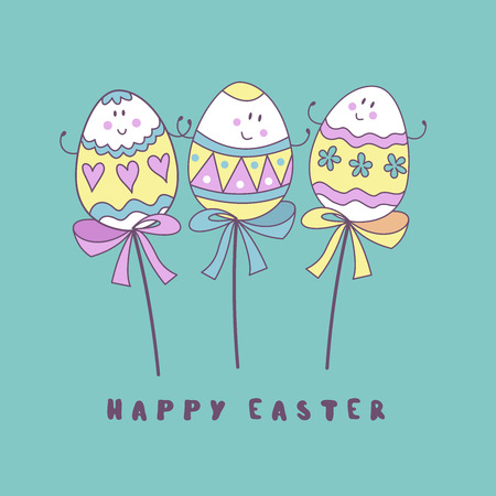 happy Easter. Three cheerful dyed Easter eggs on a stick.  Cute vector holiday illustration in cartoon style. Greeting card.のイラスト素材