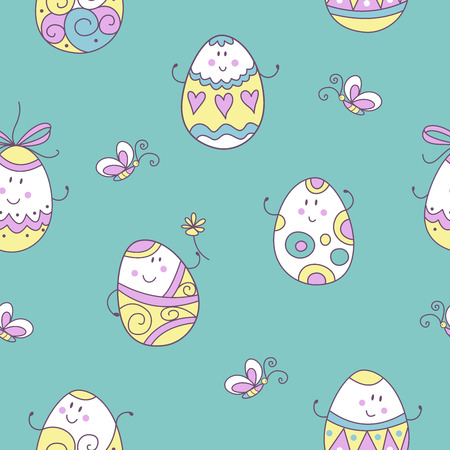 happy Easter. Seamless pattern with funny painted Easter eggs. For printing on fabric, paper. For packing gifts for Easter.のイラスト素材