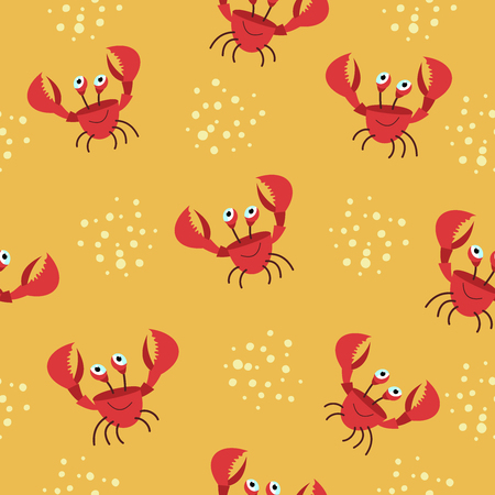 Seamless summer pattern. Funny crabs on yellow sand. Cartoon cute style. Vector illustration. Summer background. For printing on paper, textiles.のイラスト素材