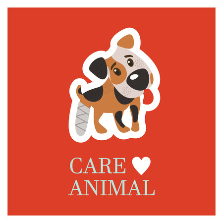 Veterinary care. Care of animals. Cute dog Jack Russell Terrier with a broken leg. The emblem of the clinic. Vector illustration of a sticker.のイラスト素材
