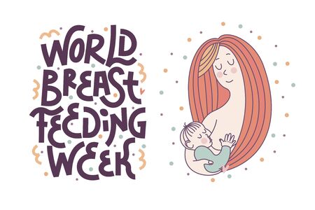 Vector illustration, postcard in outline style for World Breastfeeding Week: loving long haired mom holding her baby and breastfeeding.The inscription is made by hand.のイラスト素材