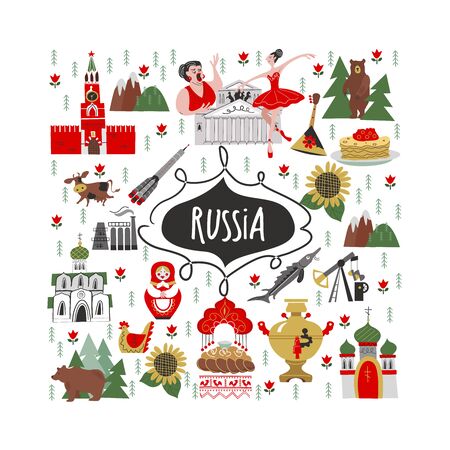 Russia. Set of vector elements. Russian sights, traditions, culture, art, symbols of Russia. Hand drawn illustration.のイラスト素材