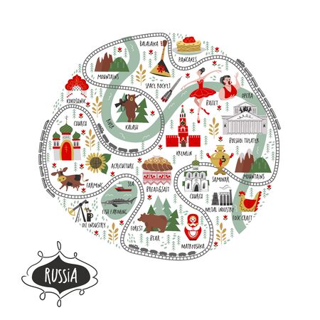 Russia. Vector round illustration about Russia. A large set of vector icons about Russia. Culture, architecture, art, traditions, nature, agriculture, oil production, metallurgy of Russia.のイラスト素材
