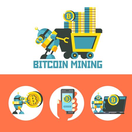 Bitcoin mining. A cute robot carries a mining trolley with bitcoins. Concept. Vector illustration.  Bitcoin mining icon set.のイラスト素材
