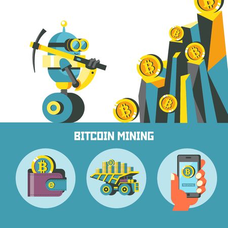 Bitcoin mining. Concept. Vector illustration. A cute robot with a pick produces bitcoins. Set of vector bitcoin icons.のイラスト素材