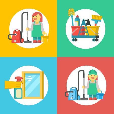 Cleaning service. Cleaning icons set. Professional maid in overalls with a vacuum cleaner and a bucket for cleaning. A hand in a rubber glove holds a sprayer aimed at the window.のイラスト素材