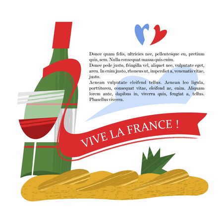 A bottle of wine and a French baguette. The inscription on the red ribbon glory of France. Vector illustration on white background.のイラスト素材