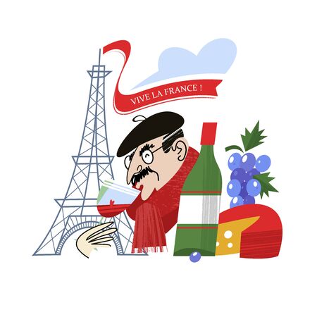Viva France. Eiffel tower. Frenchman drinks wine. Vintage hand drawn postcard, vector illustration. On white background.のイラスト素材