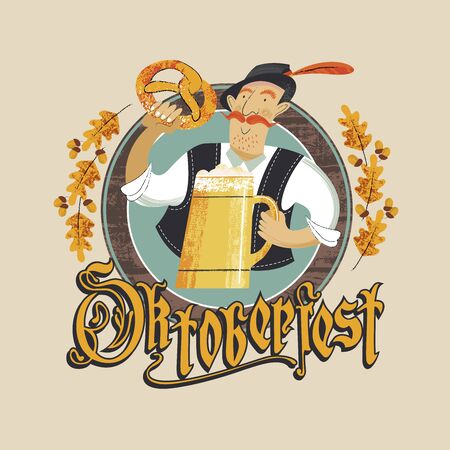 The emblem of the Oktoberfest beer festival. A man in a Tyrolean hat with a large beer mug and a traditional German pretzel. The inscription in Gothic letters. Hand drawn vector illustration.のイラスト素材